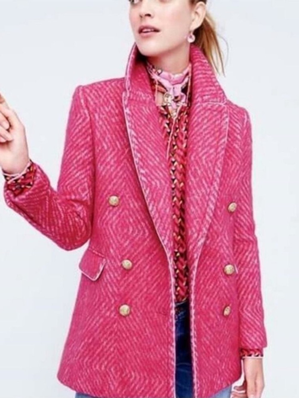 J. Crew Diamond Tweed Coat Sorbet Pink Ivory Gold Buttons Wool Blend Sz 4